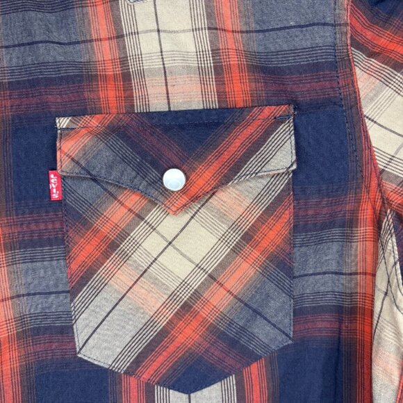 LEVI'S Pearl Snap Men's L Western Flap Pockets Brown Plaid - Picture 3 of 4